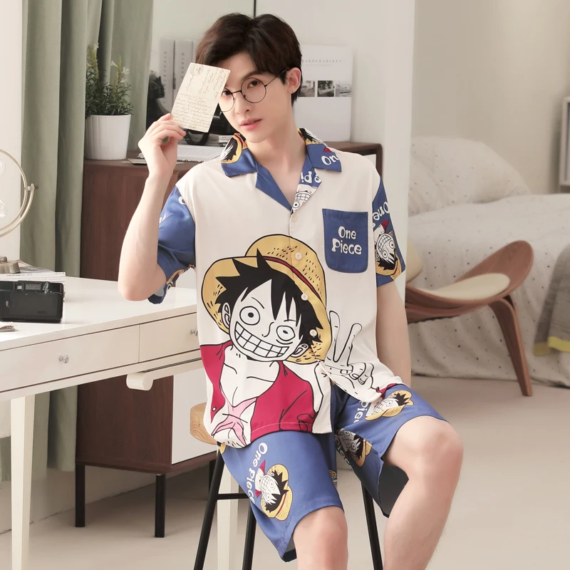 

New 2023 Men Pajamas Set For Sleeping Turn-down Collar Sleepwear Short Sleeves Homewear Quick Drying Boy Summer Loungewear Suits