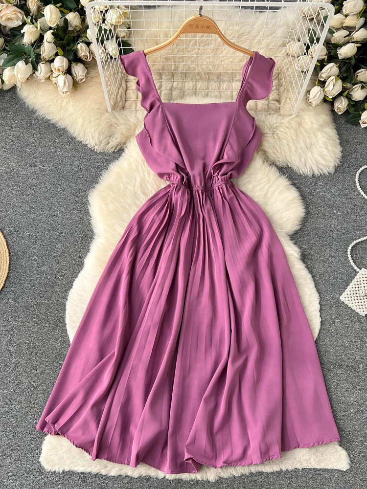 

Женское плиссированное платье на бретелях-спагетти, элегантное красное/фиолетовое/зеленое пляжное платье без рукавов с оборками для отпуска, лето