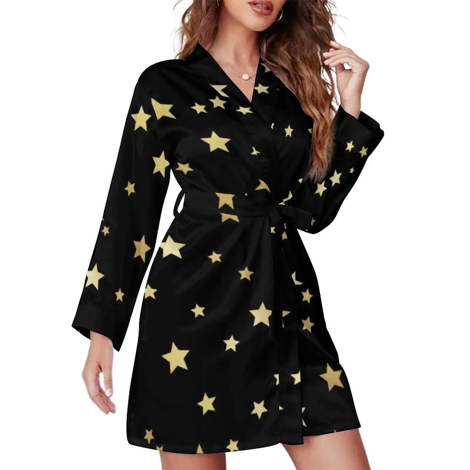 

Пижамный халат с золотыми звездами, милые повседневные пижамные халаты с длинным рукавом и принтом звезд, женская одежда для сна в стиле ретро с V-образным вырезом, Осенние графические платья