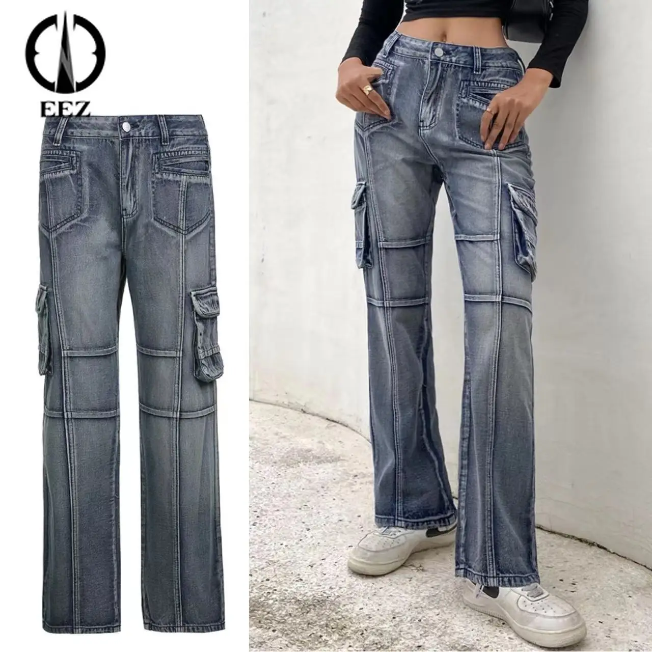 

90s Korean Basic Trouser Y2k Fashion Jeans Vintage Low Rise Pocket Pants Women Straight Baggy Casual Denim Cargo Zipper Pants