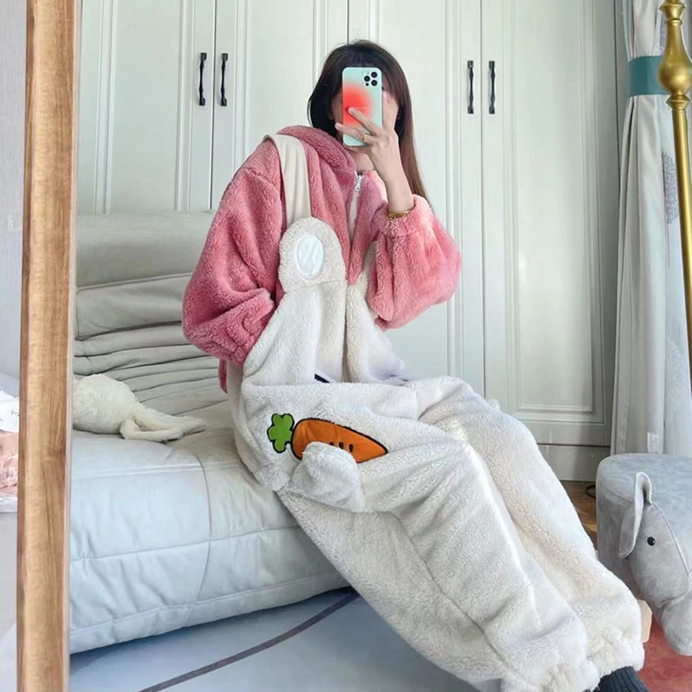Kawaii Animal Pajamas Onesies Long Eared Rabbit Cartoon Sleepwear Cosplay Zipper Women Winter Flannel Overall Onepiece Jumpsuit