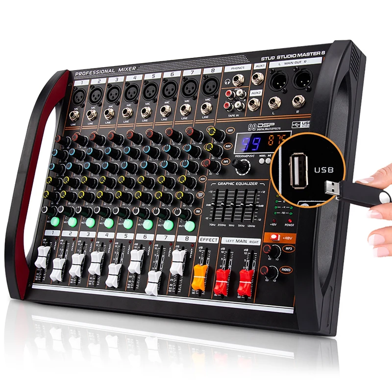 

Mixer Audio Professional 8 Channel Mixer Mixing Console Bluetooth USB Computer +48V Power Supply Number Live Performance Mixer