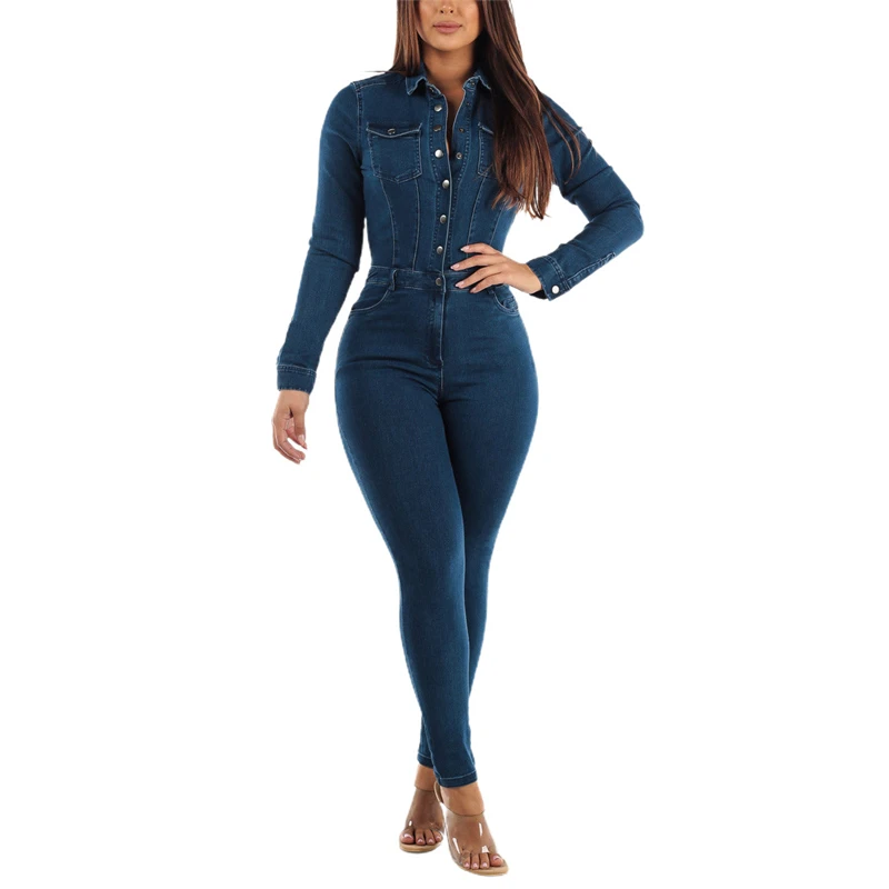 High Stretch Bodycon Long Sleeve Cotton Jeans Jumpsuit 2022 Denim Playsuit Women Combinaison Femme Fuide Elegant Romper Overalls