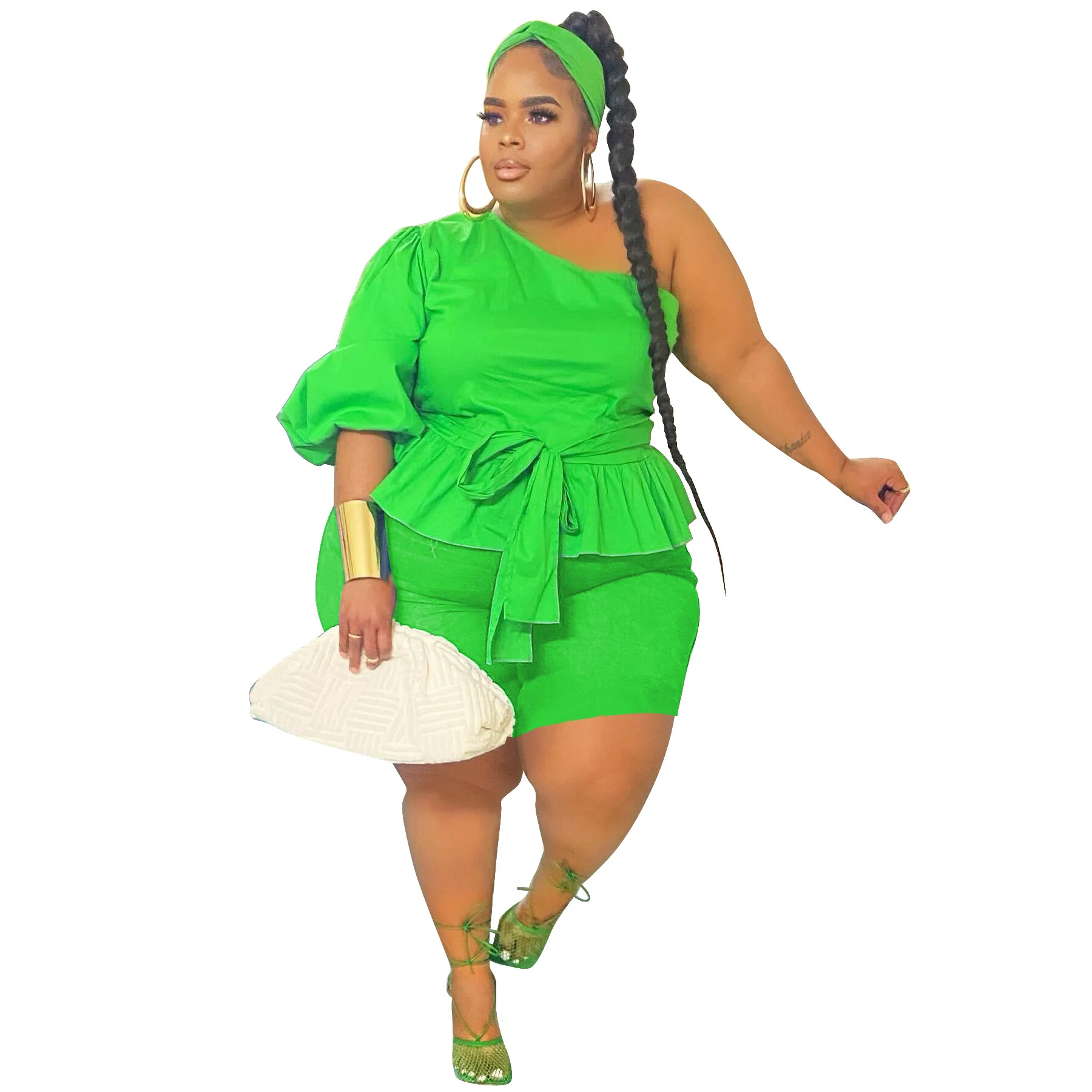 Plus Size Summer Oversize One Shoulder Women Two Pieces Set Ruffles Sash Short Sleeves t Shirt Tight High 3xl 4xl 5xl 6xl