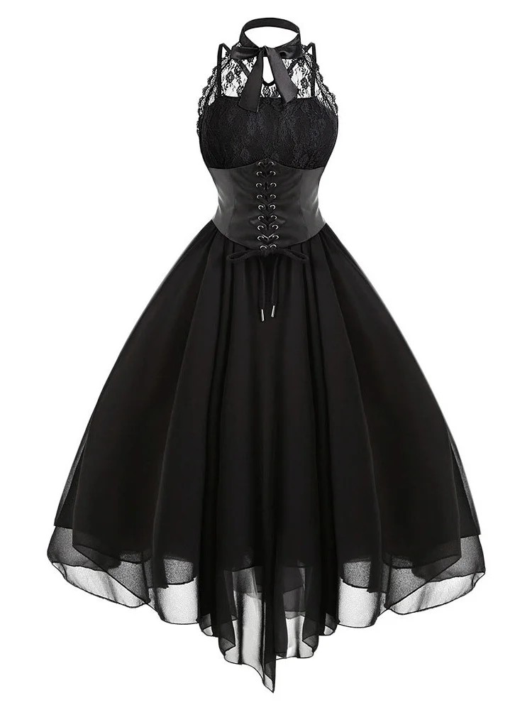 

Женское винтажное платье-корсет без рукавов, черное однотонное шифоновое платье-качели в готическом стиле, с перекрестной спинкой, в стиле ...