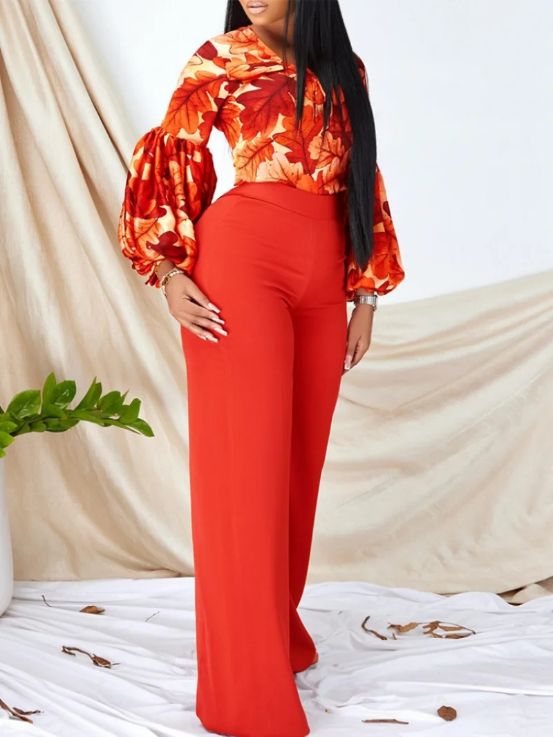 2 Pieces Women's Sets Summer Autumn Flower Print Blouse Shirt Suit Tops And Pants Suits Dashiki African Set Tracksuit Outfit