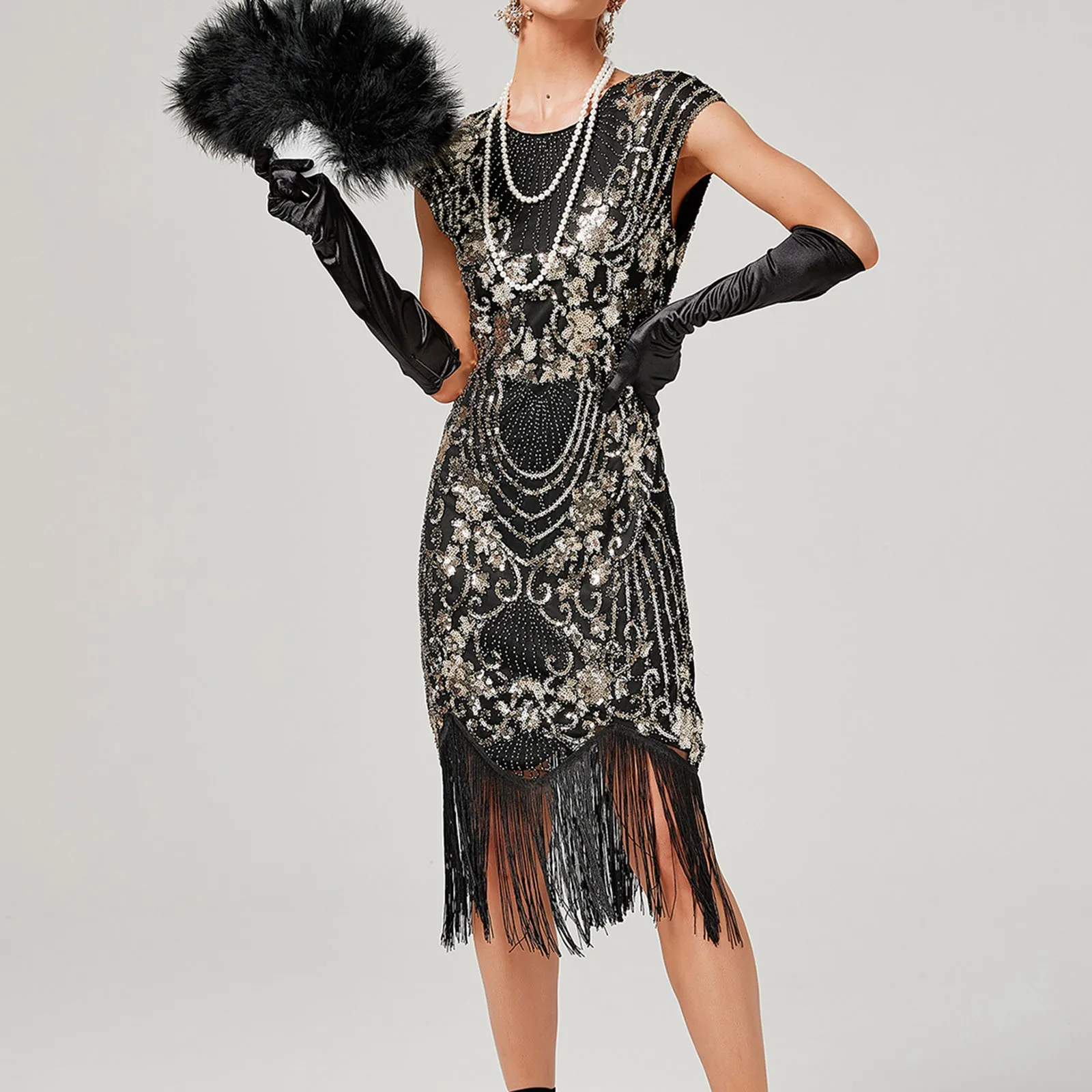 

Платье-Чарльстон 1920-х годов, платье Великий Гэтсби, женское черное платье с блестками и круглым вырезом, элегантное платье без рукавов, вече...