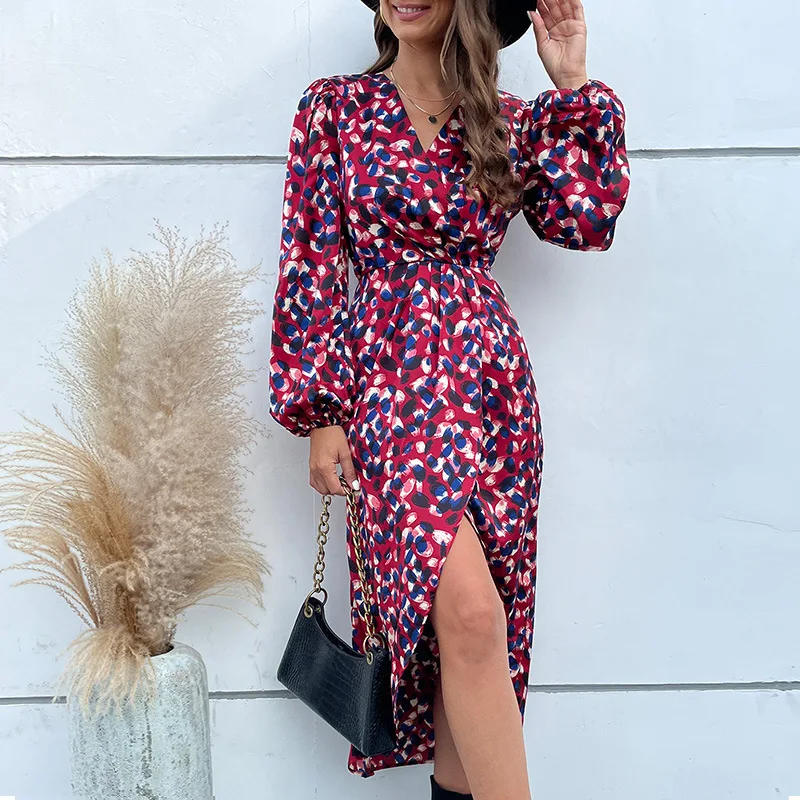 

Red Print Dress New Fashion V-Neck Long Waist Wrap Bottom Outerwear Dress Y2k Elegant and Pretty Women's Dresses