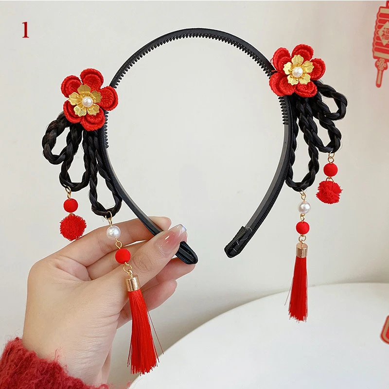 

Chinese Style Tassels Hair Hoop Traditional New Year Kids Hair Accessories Pearl Flower Head Hoop Children Antiquity Headband