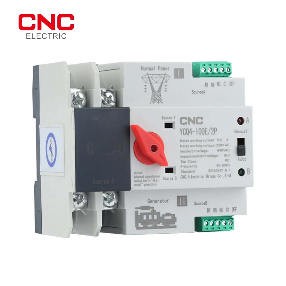 CNC YCQ4-100E/2P Din Rail ATS Dual Power Automatic Transfer Switch Electrical Selector Switches Uninterrupted Power 63A/100A