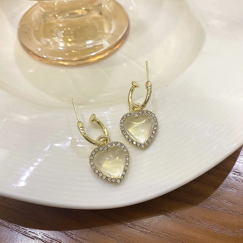 Retro Heart Shape Earrings For Women S925 Silver Needle Transparent Metal Studs Niche Design Full Of Diamond Luxury Earings