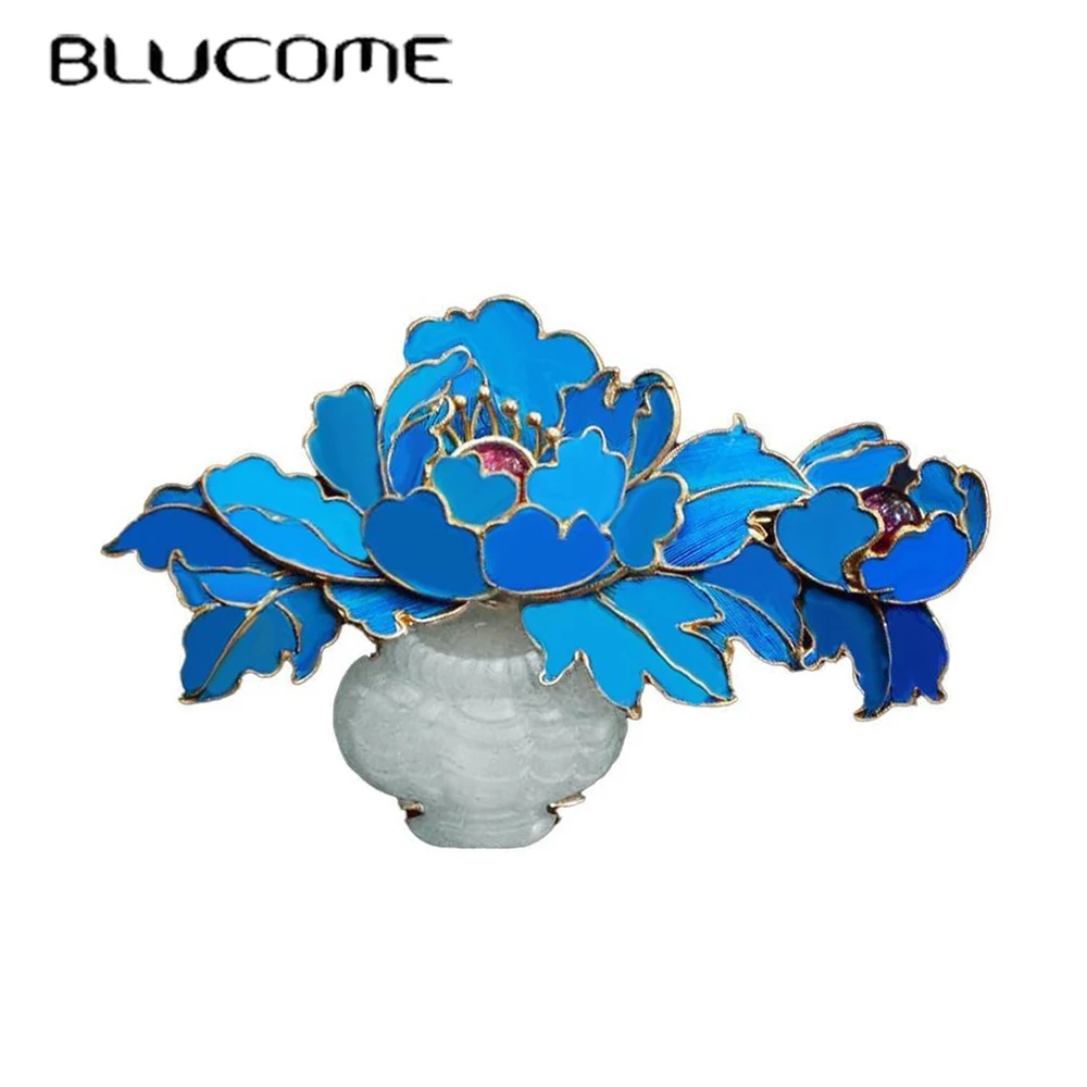Blucome Gold Plated Cloisonne Enamel Pins White Jade Inlaid Vintage Elegant Peony Brooch for Woman Man Suit Cheongsam Gift