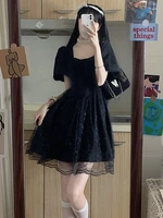 qweek gothic harajuku mesh dress women goth korean style kawaii puff sleeve black short dresses square collar 2022 summer emo
