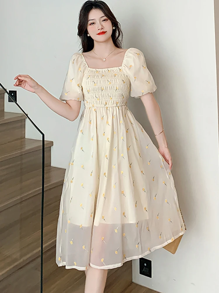 

Шифоновое платье-миди с цветочной вышивкой, летнее праздничное платье Бохо с пышными рукавами и квадратным вырезом, женское цельное платье в Корейском стиле, 2023