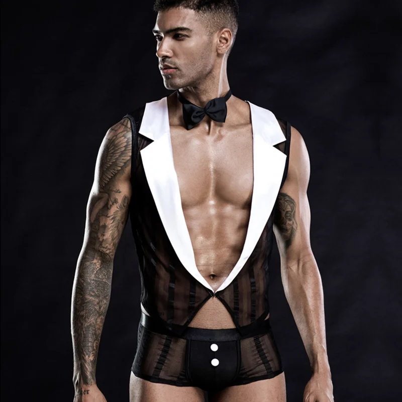 Black Halloween Sexy Men Maid Outfit Waiter Cosplay Top And Short Set For Male Exotic Lingerie Gay Bar Clothing Nightclub Wear