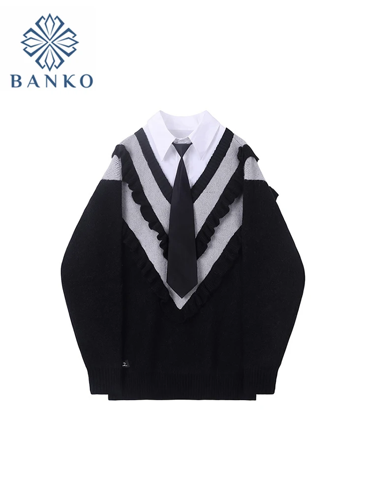 

Sweet Preppy Style Striped Sweater Women Polo Collar Oversized Knitted Pullover Loose Korean Fashion Casual Jumper Autumn Winter