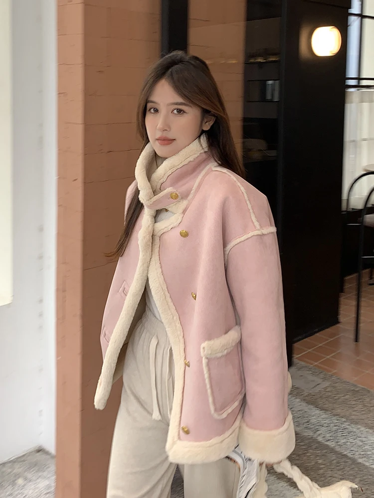 Suede Fur Integrated Women Winter 2024 New Environmental Protection Lamb Wool Outerwear Small Fleece-lined Motorcycle Clothin... |