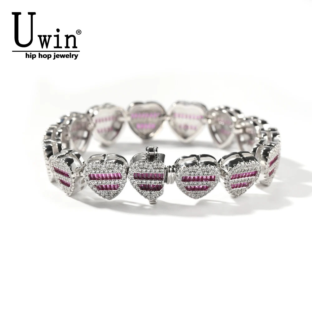 

Uwin 12mm Heart Bracelet Inlay Baguette Cubic Zircon Full Iced Out Multicolor CZ Bangle Charm Fashion HipHOP Jewelry For Women