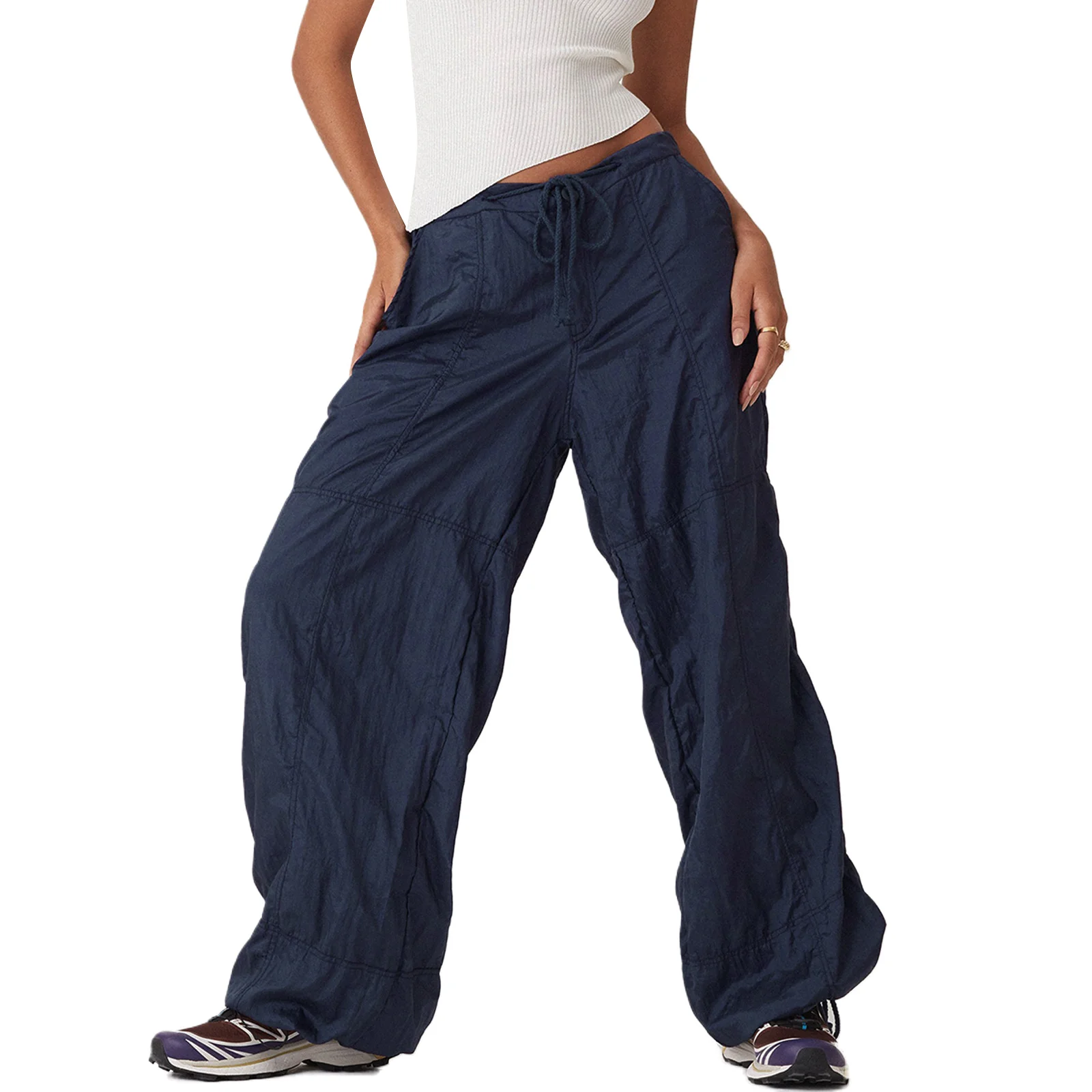 Womens Y2k Cargo Pants Drawstrings Baggy Low Waist Loose Jogger Harajuku Parachute Pant Causal Vintage Streetwear