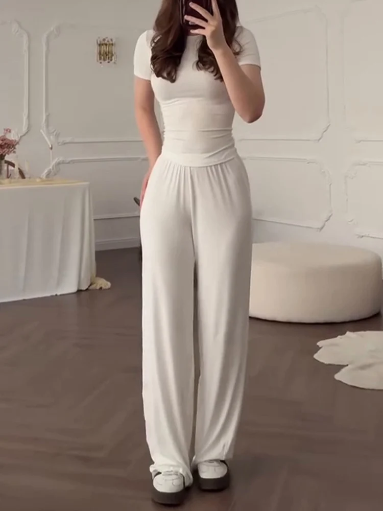 Повседневные длинные брючные костюмы женская футболка с круглым вырезом и