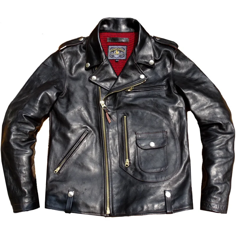 

Genuine Free shipping.Retro Classic Rider jacket.Cool J24 Italy tanned horsehide coat.Tea core leather cloth.Hot.