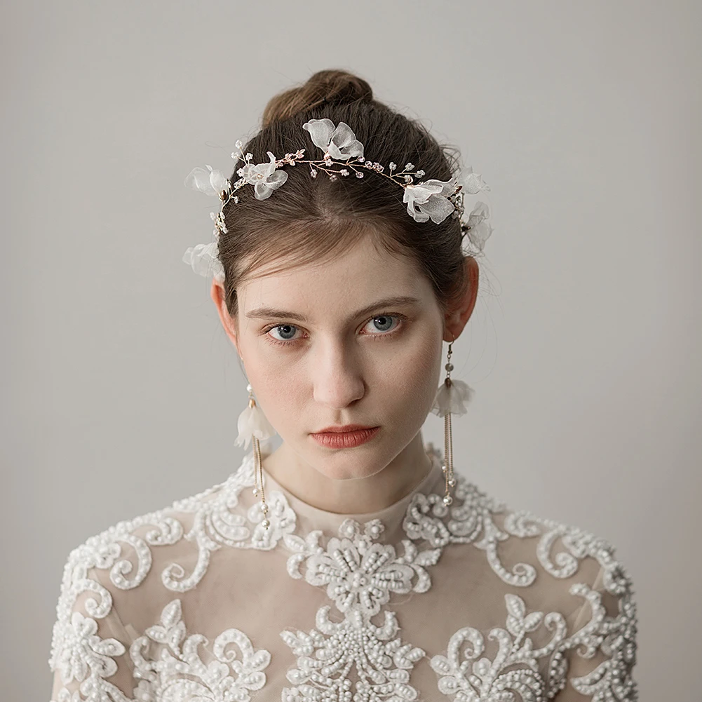 

O338 Elegant Wedding Bridal Headband Crystal Beading Chiffon Flowers Ribbon Brides Bridesmaid Headpiece Women Marriage Tiara