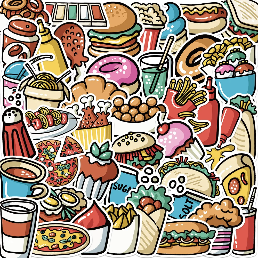 

10/44pcs Cartoon Illustration Food Graffiti Stickers for Fridge Luggage Water Bottle Laptop Pad Phone Scrapbook Kids Decals