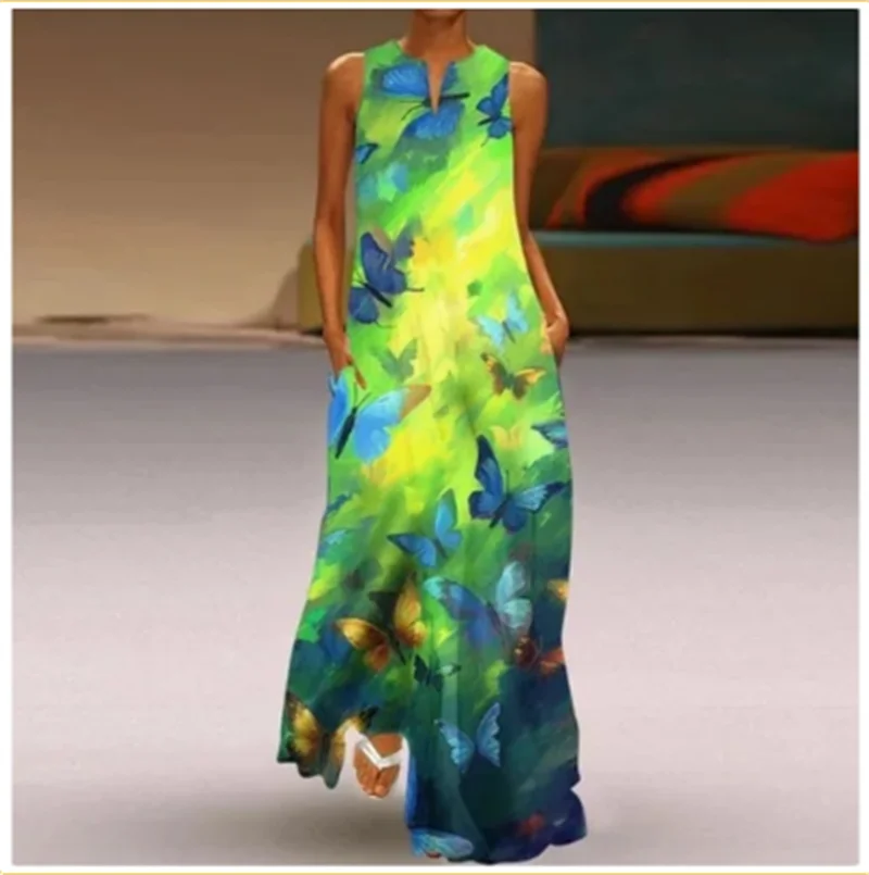 Женский ретро - принт Sundress Летняя мода V воротник длинные юбки без рукавов