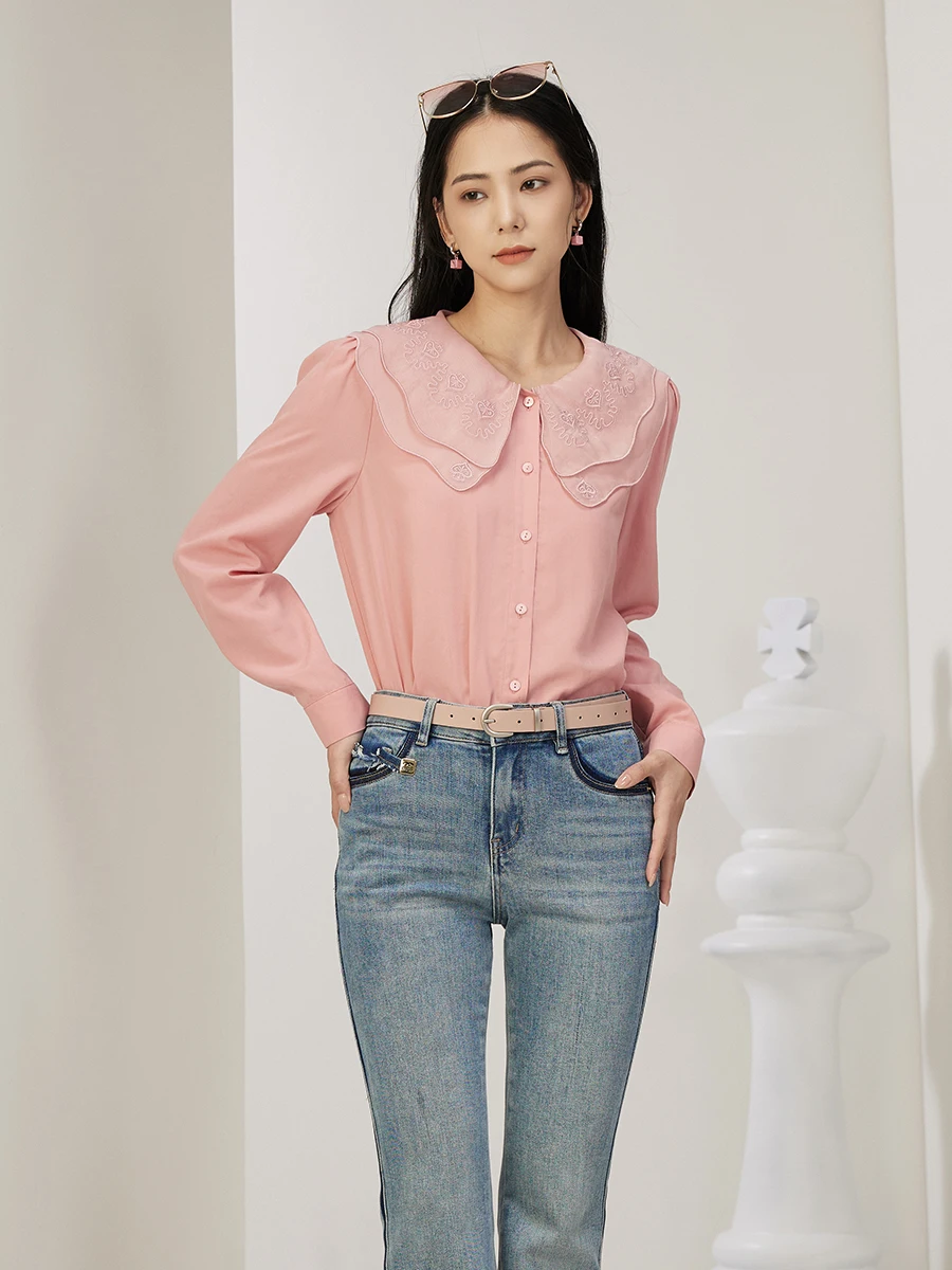 Женская рубашка Fankai новинка осени 2024 лиоцел лист лотоса вышитый воротник