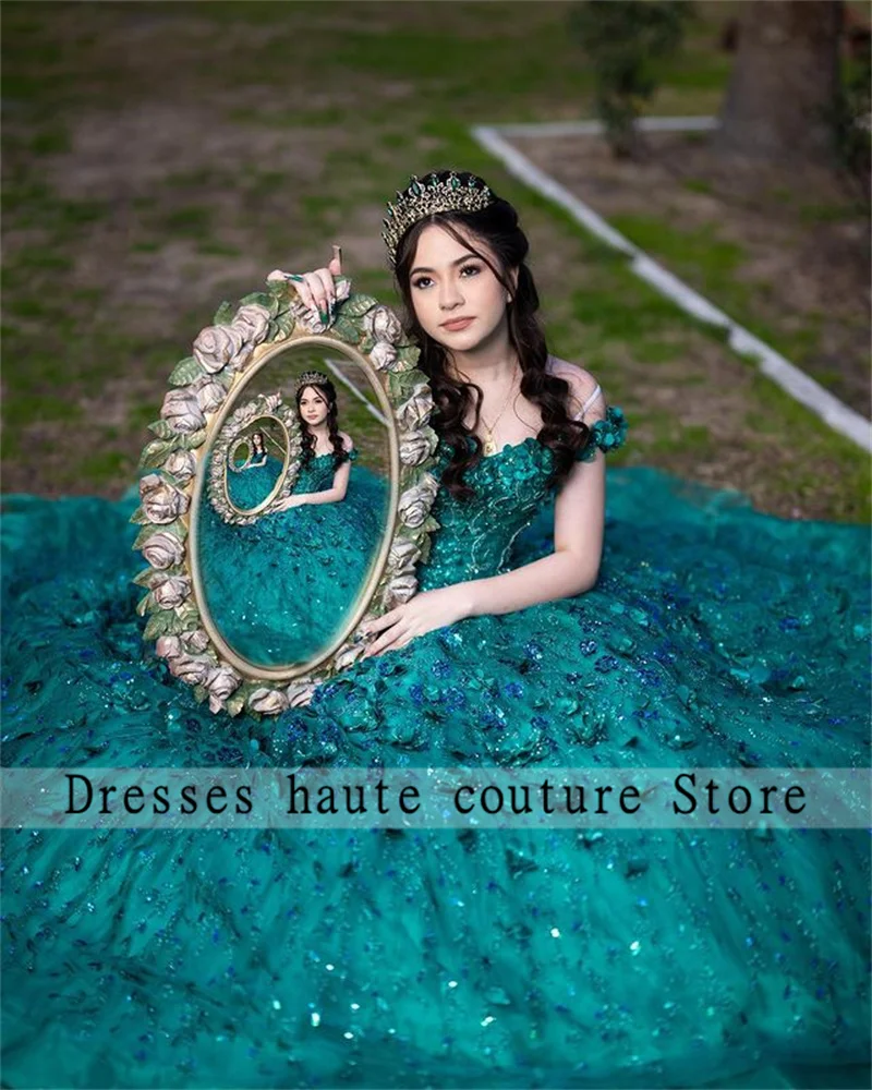 

New Emerald Green Lace Quinceanera Dresses Ball Gown 2023 Off Shoulder Beads Appliques Sweet 16 Dress Corset Vestidos De 15 Años