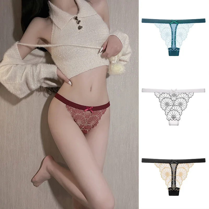 

1PC Underwear Nylon Flower G Sting Embroidery Thong Lace Panties Ladies Thin Mesh Sexy