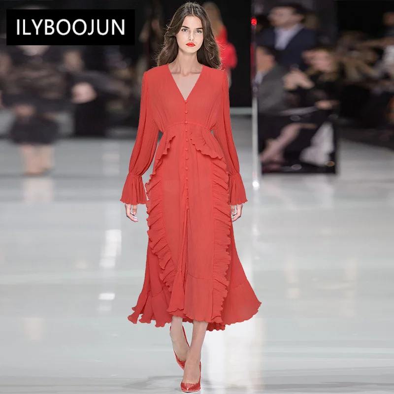 

Dresses For Women 2022 Luxury Designer Runway Summer V-Neck Flare Sleeve Single Breasted Ruffle Solid Color Dresses