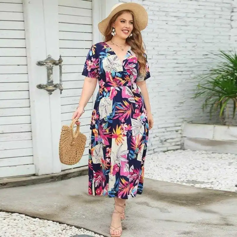 

Summer Short Sleeve V Neck Floral Dress Over Slim Fit Long Plus Size Womens