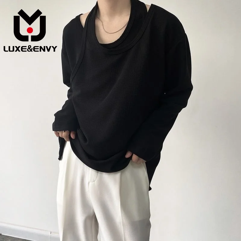 

Роскошная & ENVY Осенняя Персонализированная вязаная нишевая Мужская футболка из двух частей с длинным рукавом корейский Свободный пуловер Топы 9Y9194