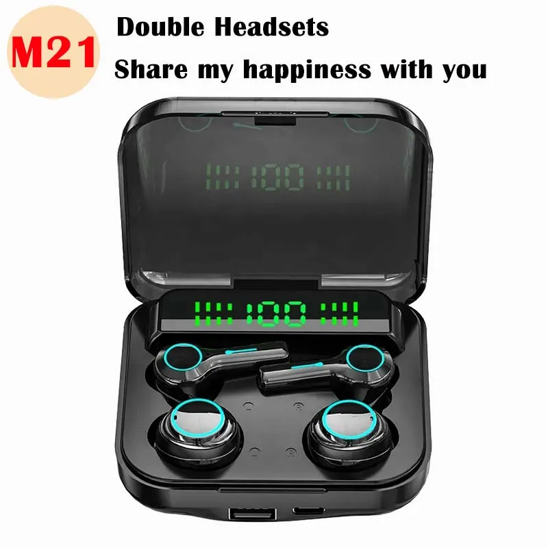 

M21 TWS Wireless Bluetooth Headphones Couple Earbuds Touch Earphones Stereo Sports LED Display 9D Four Headset for Double People