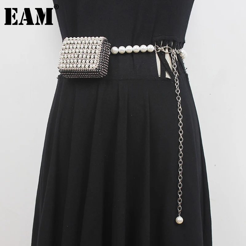 

[EAM] Pu Leather Black Metal Chain Rhinestones Belt Personality Women New Fashion Tide All-match Spring Autumn 2023 1DE8627