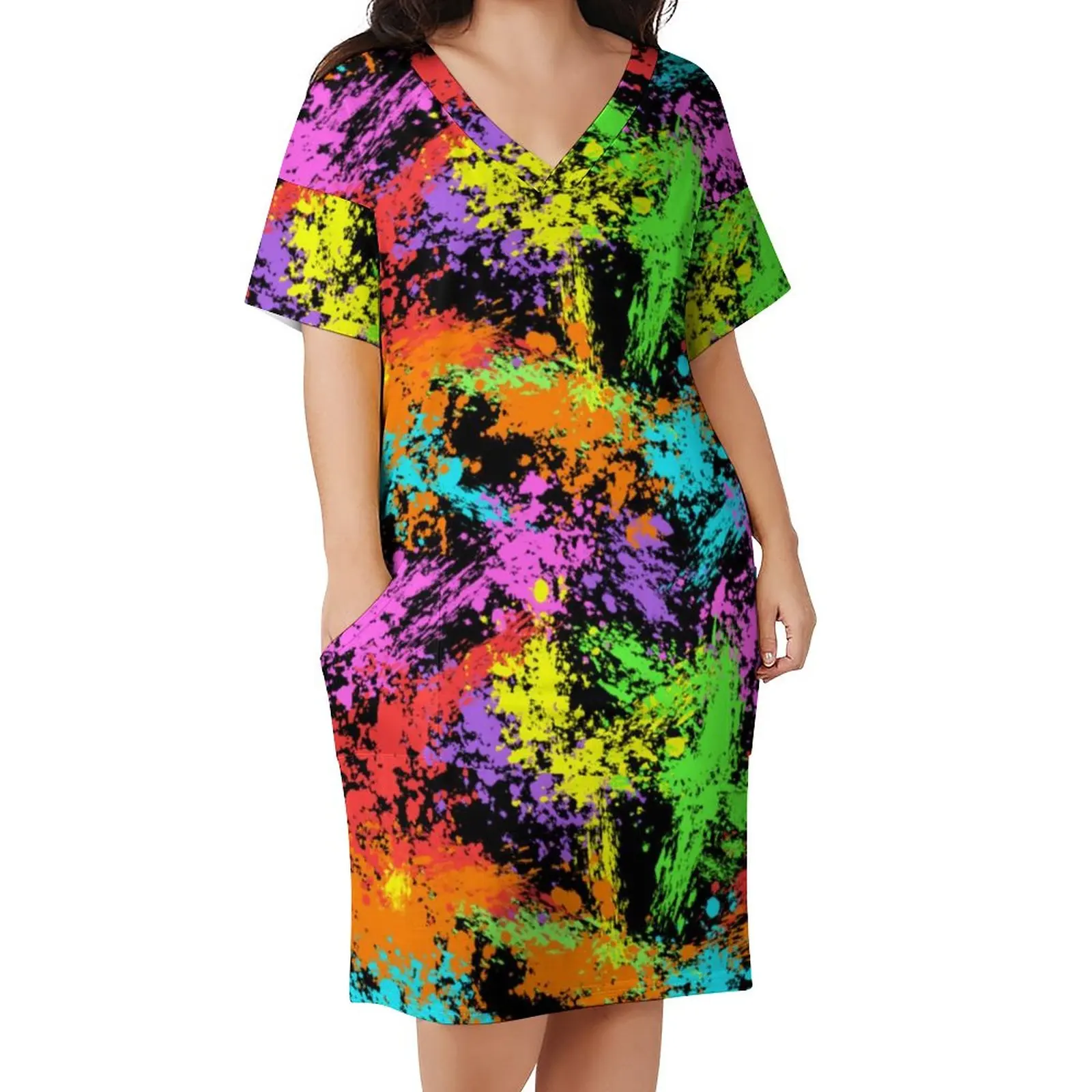 

Платье женское оверсайз с V-образным вырезом и цветным принтом