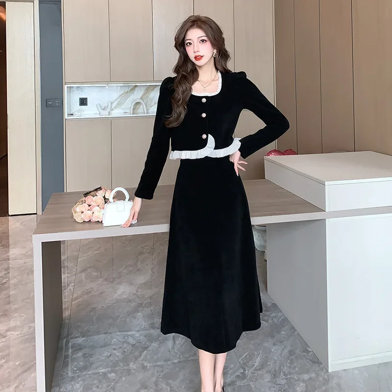 Новинка 2024 года осенне-зимний твидовый вельветовый костюм платье женский топ