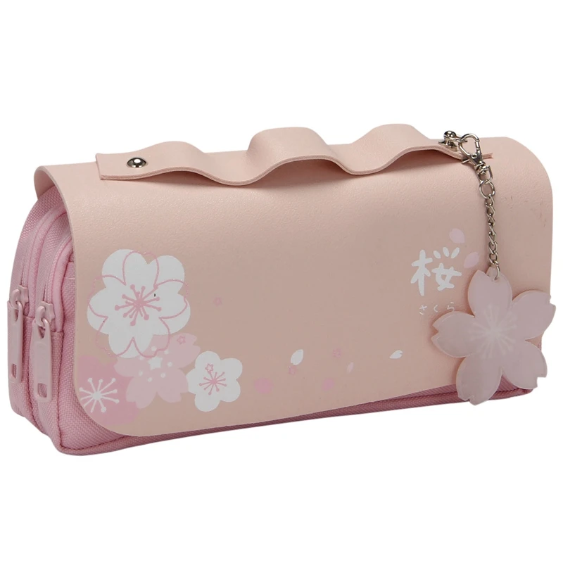 

Пенал большой двухслойный с цветком вишни, Женский чехол для карандашей, школьный чехол, Канцтовары