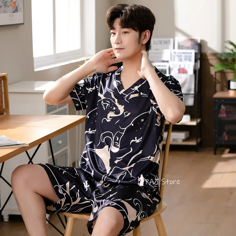 Summer Pajamas 3XL Men Silk Satin Pullover Shorts Two Piece Set Sleepwear Man Pajama Home Clothes Nightwear Men Sleep Lounge