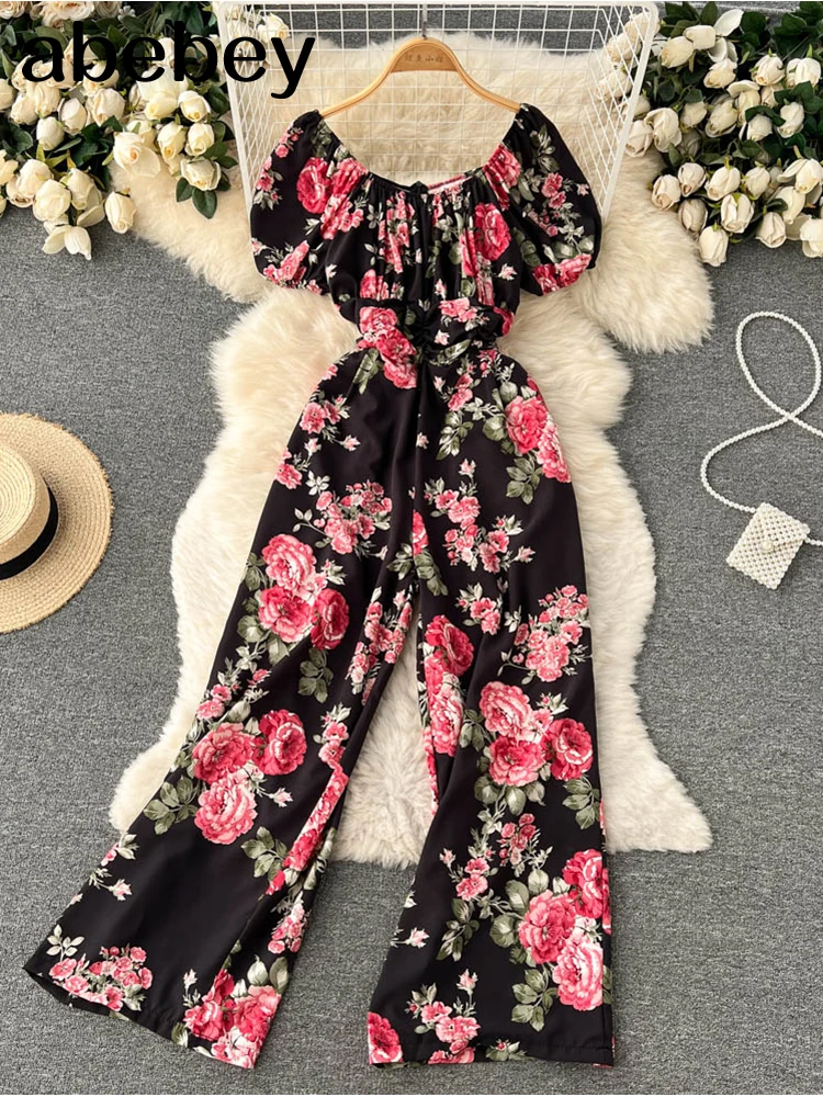 

2023 Women Off Shoulder Strap Dress Slash Neck Short Sleeve Wide Leg Jumpsuits Summer Bohemian Print Vacation Long Playsuit