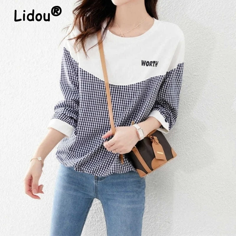 

Female 2022 Autumn Loose Office Lady 3/4 Sleeve Fashion Korean Casual O Neck Plaid Patchwork All-match Tees Shirt Women Spring