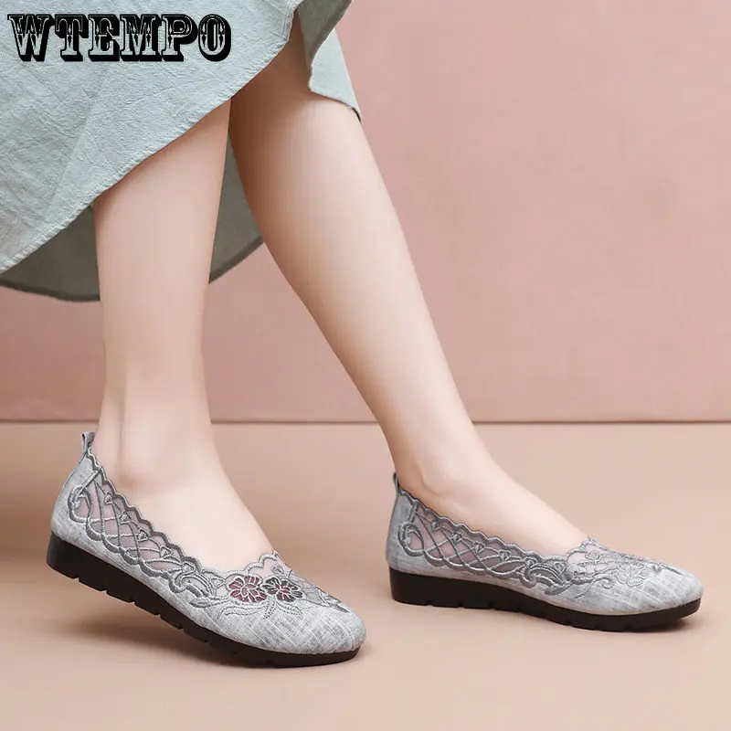 WTEMPO Women's Floral Hollow Out Shoes Embroidery Retro Casual Feetwear Classic Flats Vulcanize Shoes Wholesale Dropshipping