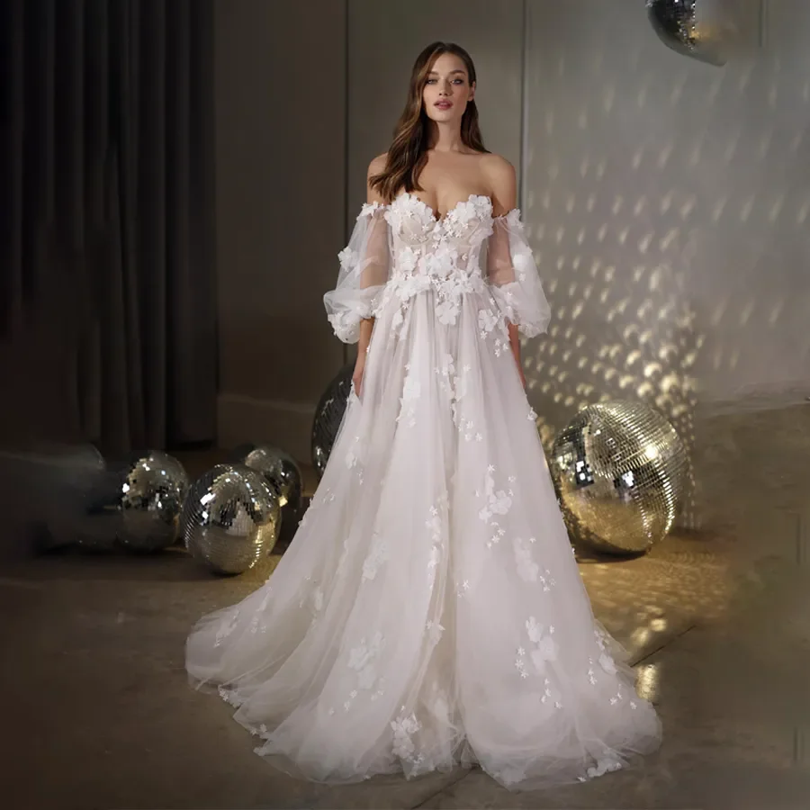 

Fairy A-Line Wedding Dress Sweetheart Off Shoulder Lace Appliqued Lace Up Bridal Gown Illusion Ruffles Tulle Vestidos De Novia