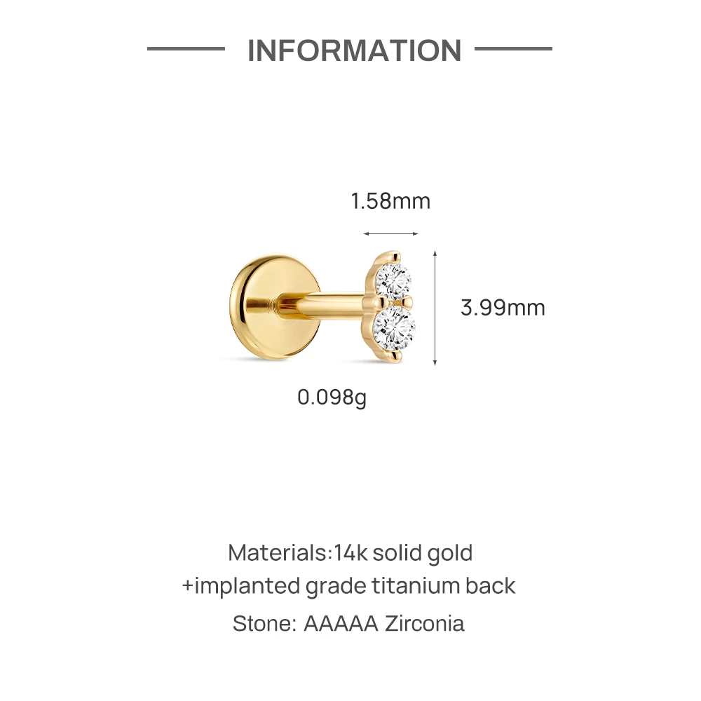 Фото Серьга-пирсинг CANNER 1PC из цельного золота 14K с двойным фианитом и плоской задней частью для хеликса, трагуса, хряща, из титана G23, для женщин, классическое украшение №4