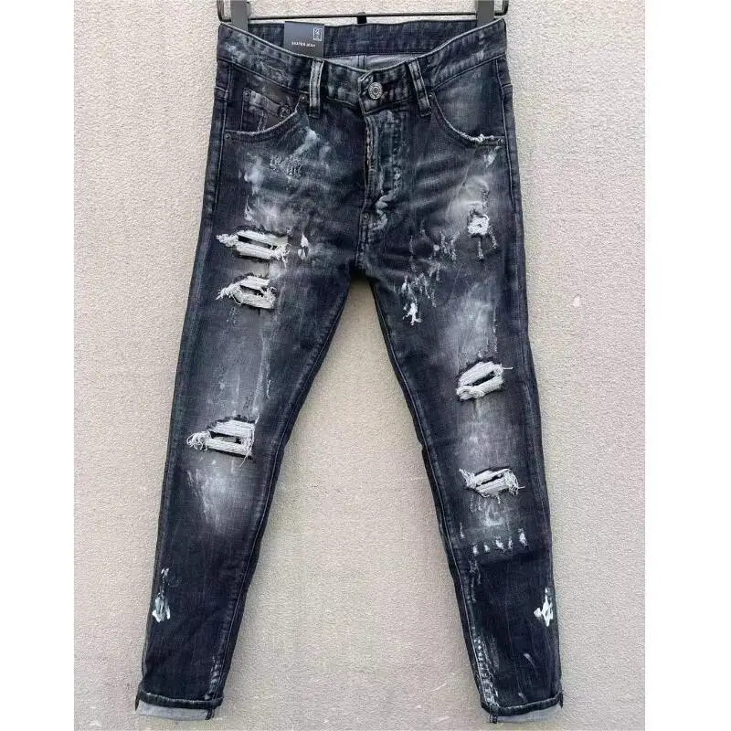 

Men's Fashion High Street Hole Spray Painted Jeans Trendy Moto&Biker Casual Denim Fabric Pants C010