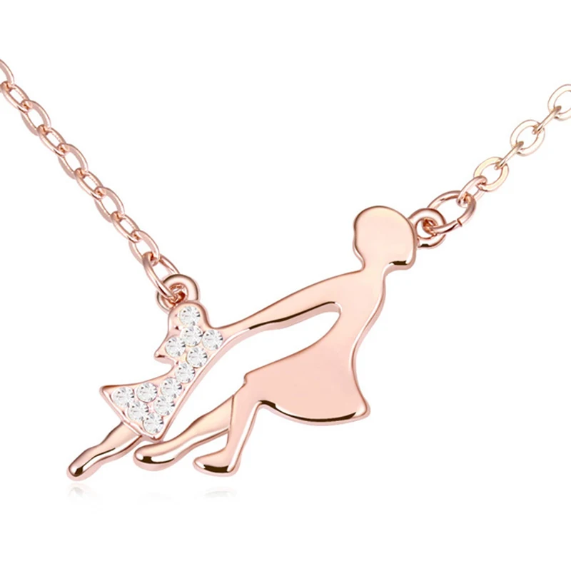 

Cute Mother&Daughter Figure Pendant Necklaces Gold Color Chain Austrian Crystals Stone Choker For Women Mothers Anniversary