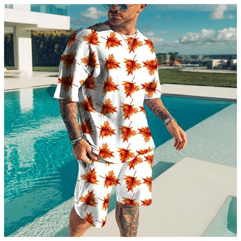 

Men's Tracksuit Abstract Pattern 3D Print Maple Leaf T-shirt Shorts Sets 2 Pieces Streetwear Oversized Sportswear Suits Clothing