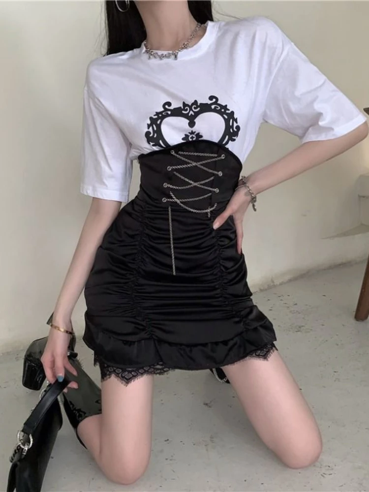 

Sexy Bodycon Skirt Women Summer Harajuku Gothic Mini Skirts Black Chain Pleated Lace Patchwork High Street Punk Fashion