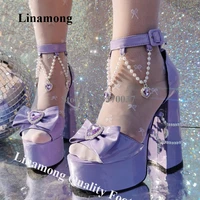 diamonds chunky heel sandals linamong open toe purple black rhinestones high platform pearls chains thick heel wedding shoes
